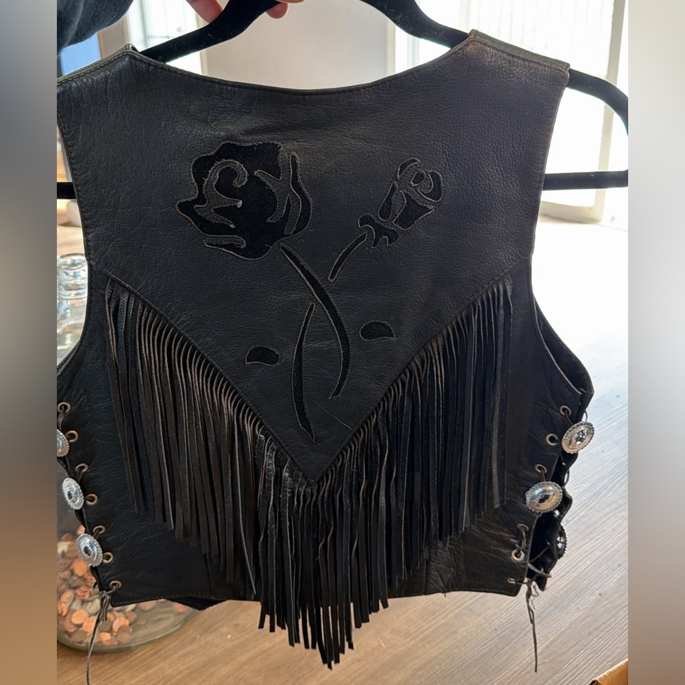 First Vintage Black Leather Fringe Vest